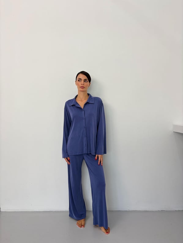 İnce Bel Lastikli Dökümlü İndigo Modal Pijama Pantolon