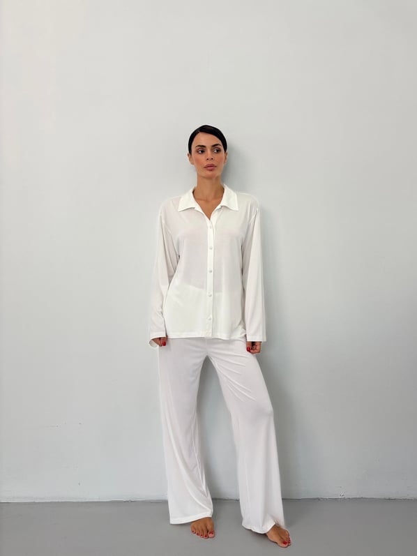 İnce Bel Lastikli Dökümlü Ekru Modal Pijama Pantolon