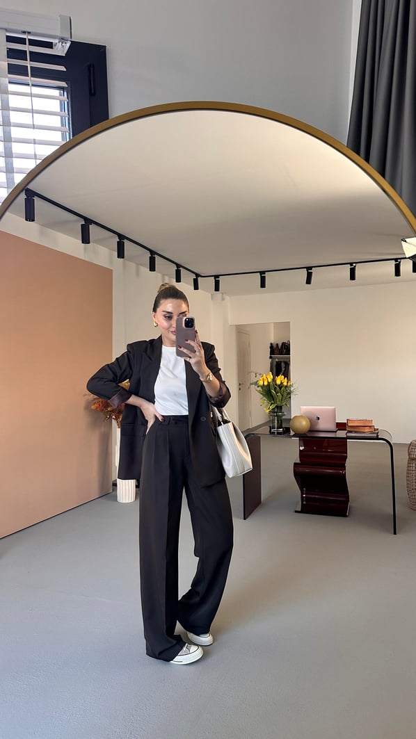 Kahve Blazer Ceket Piliseli Palazzo Pantolon Takım