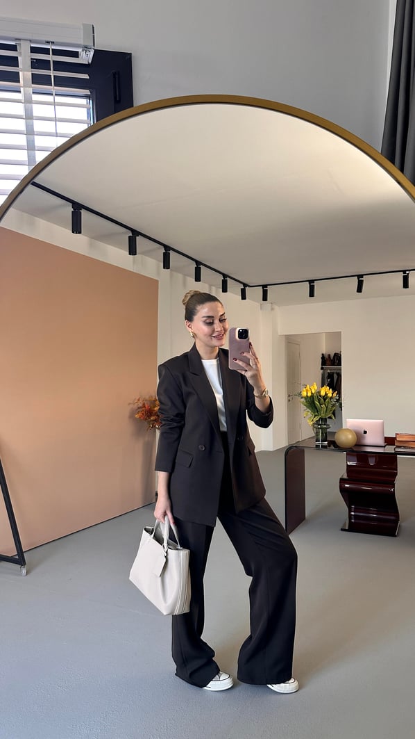 Kahve Blazer Ceket Piliseli Palazzo Pantolon Takım