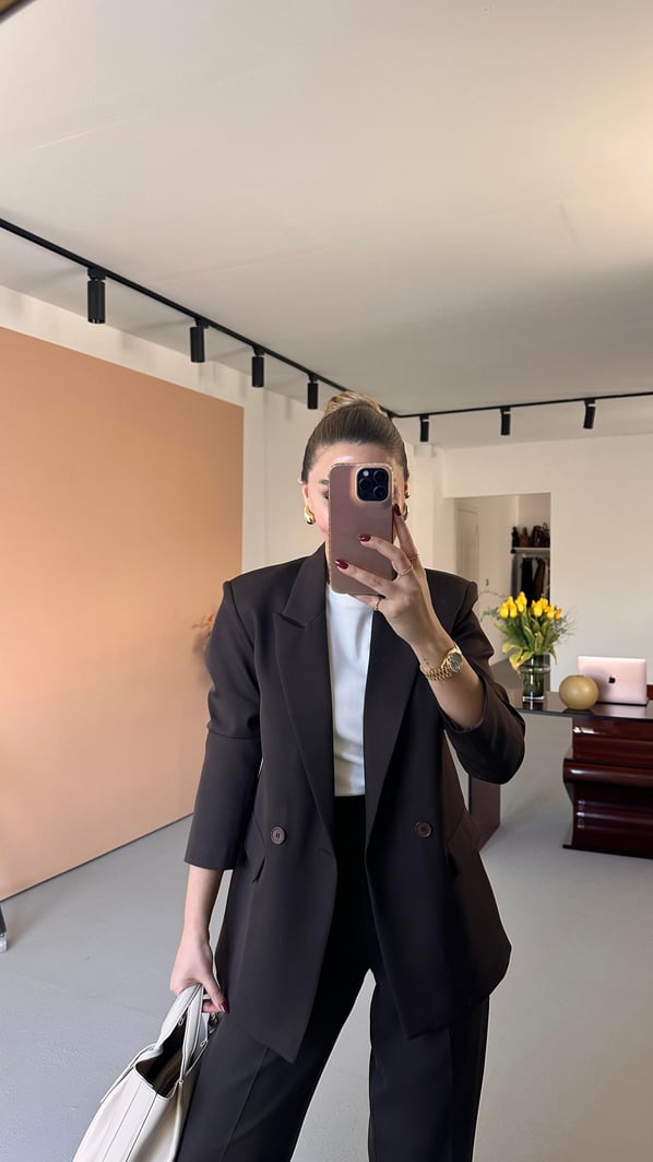 Kahve Blazer Ceket Piliseli Palazzo Pantolon Takım
