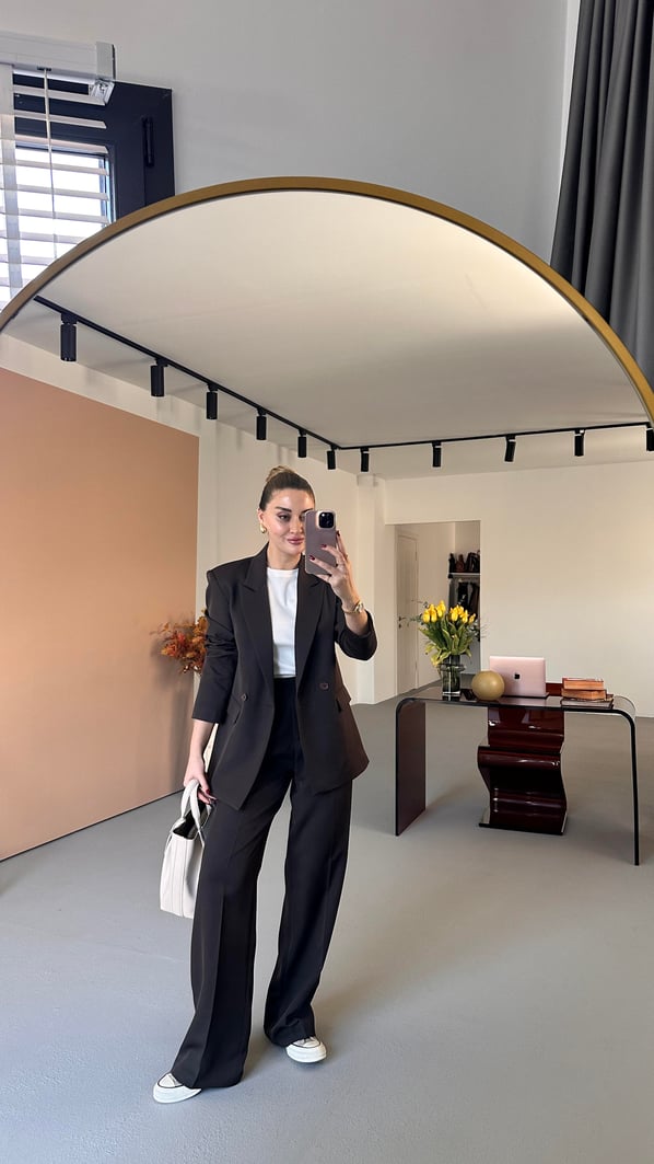 Kahve Blazer Ceket Piliseli Palazzo Pantolon Takım