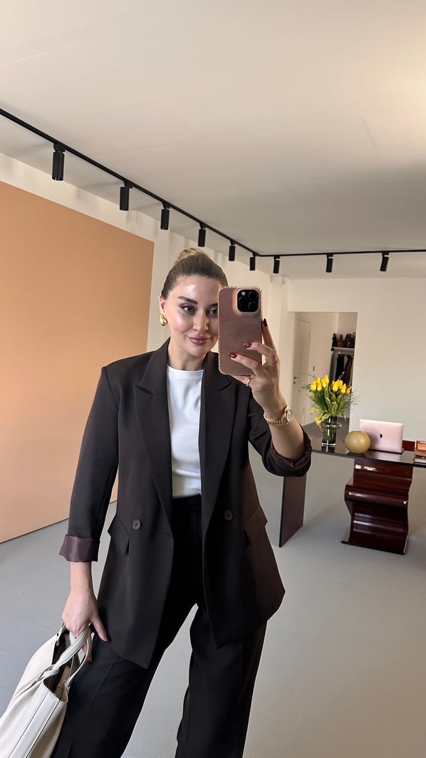 Kahve Blazer Ceket Piliseli Palazzo Pantolon Takım
