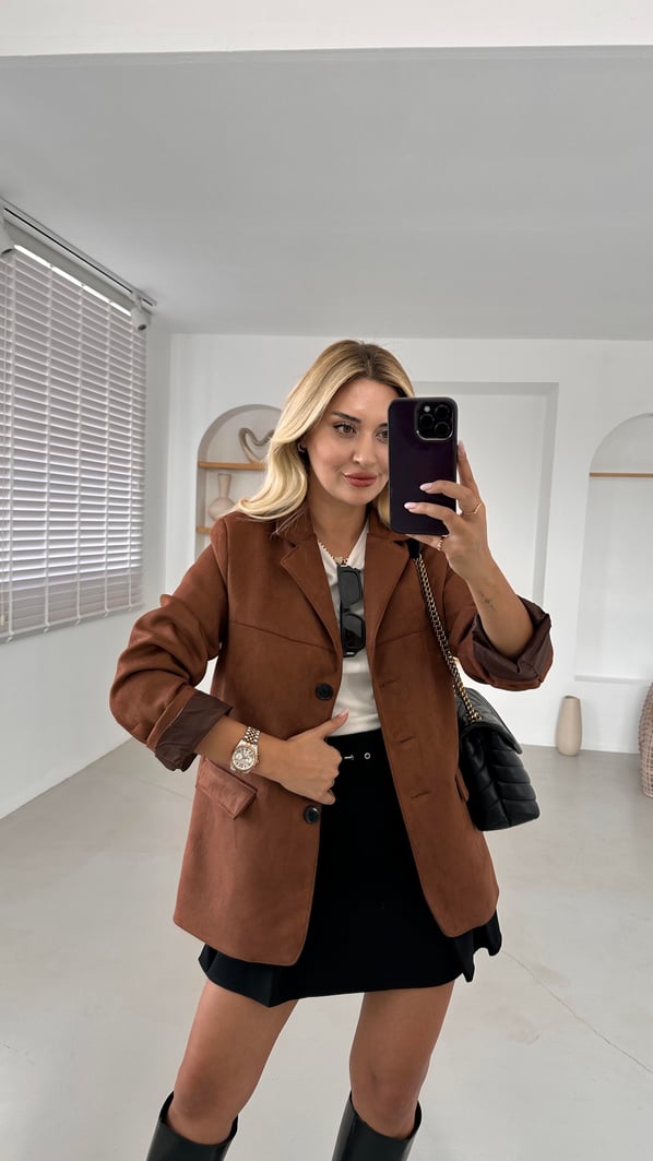 Kapak Cep Detay Oversize Çikolata Süet Blazer Ceket