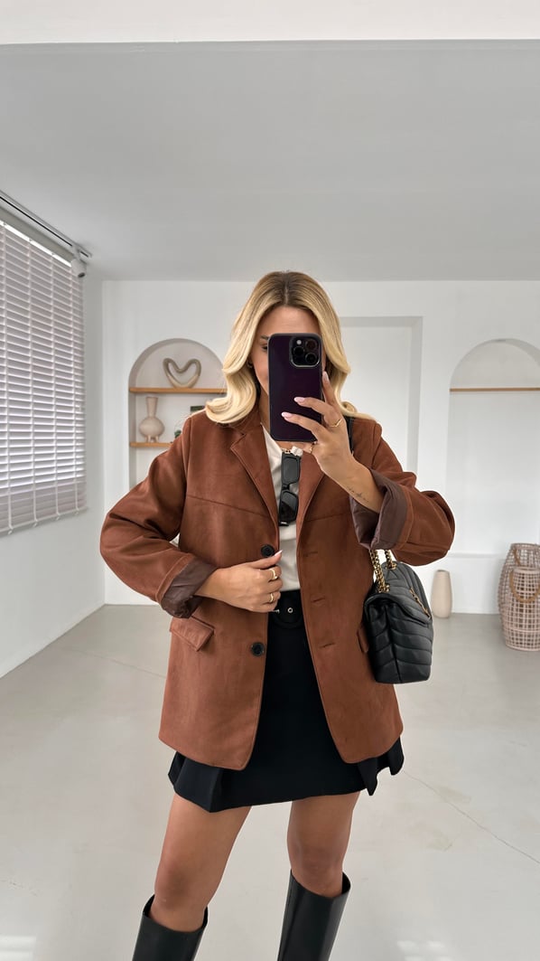 Kapak Cep Detay Oversize Çikolata Süet Blazer Ceket