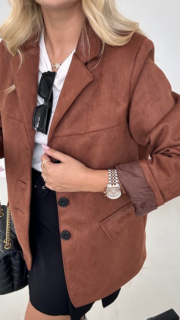 Kapak Cep Detay Oversize Çikolata Süet Blazer Ceket