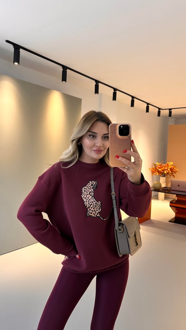 Kaplan Baskılı Şardonlu Bordo Sweat