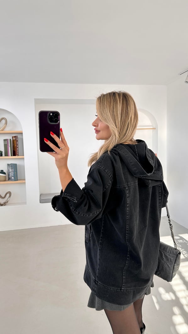 Kapüşonlu Cep Detay Antrasit Denim Sweatshirt