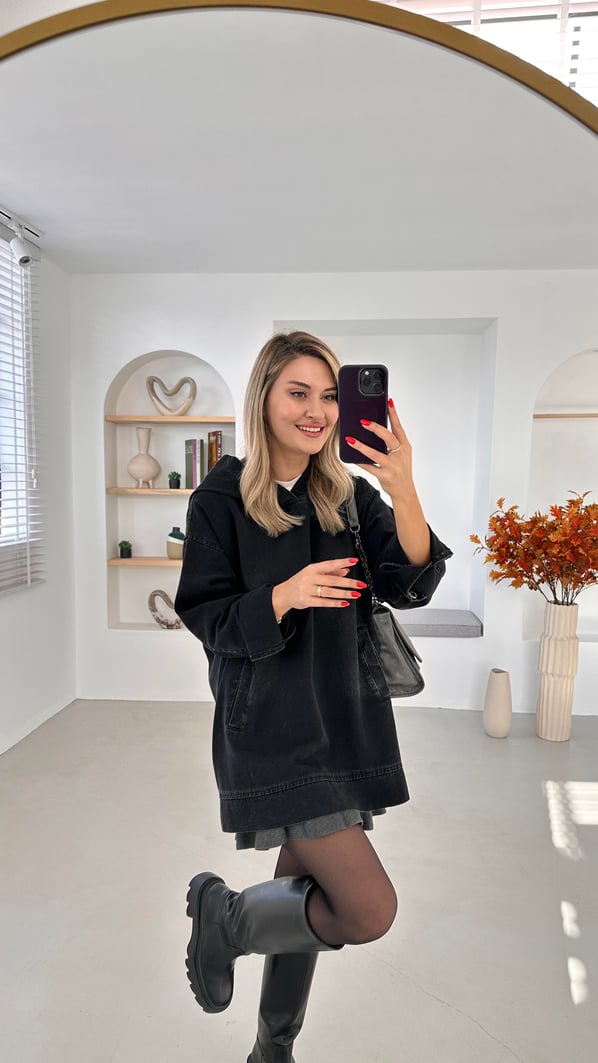 Kapüşonlu Cep Detay Antrasit Denim Sweatshirt