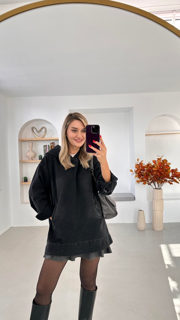 Kapüşonlu Cep Detay Antrasit Denim Sweatshirt