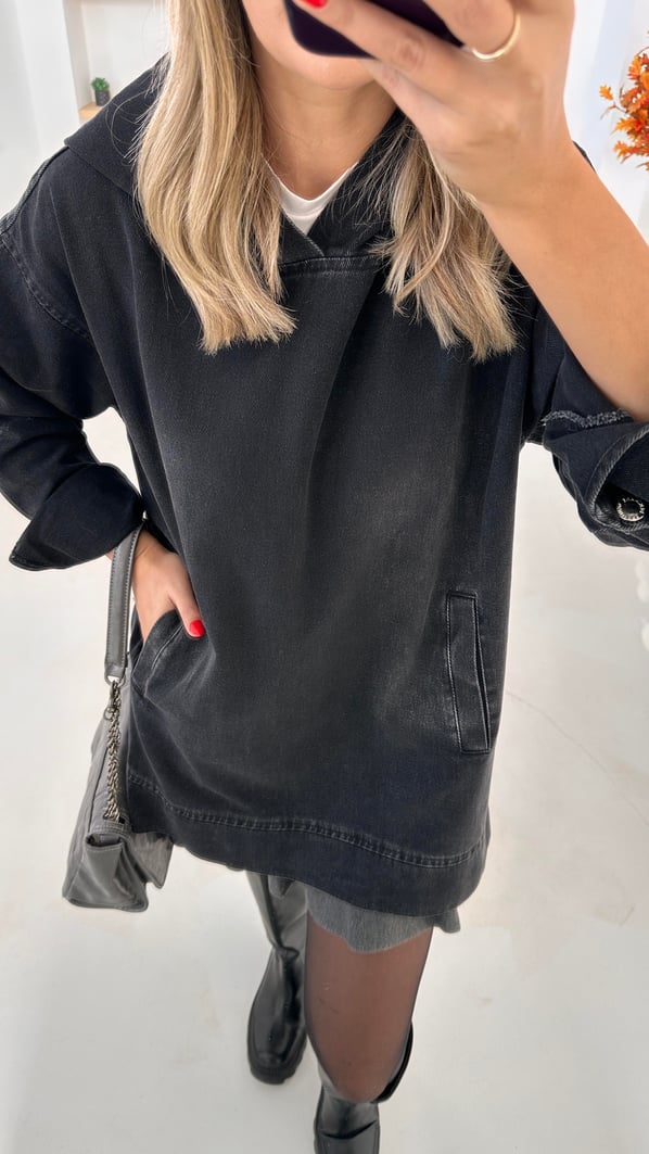 Kapüşonlu Cep Detay Antrasit Denim Sweatshirt