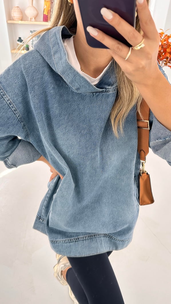 Kapüşonlu Cep Detay Denim Sweatshirt