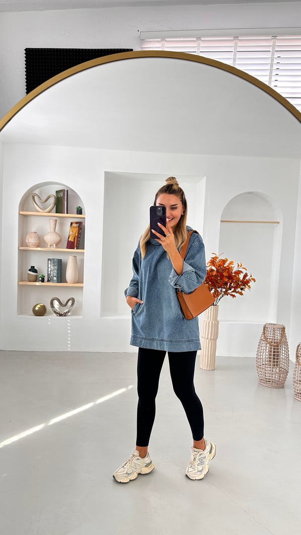 Kapüşonlu Cep Detay Denim Sweatshirt
