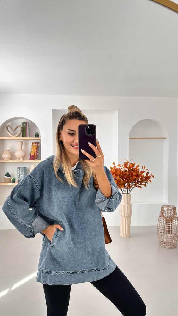 Kapüşonlu Cep Detay Denim Sweatshirt