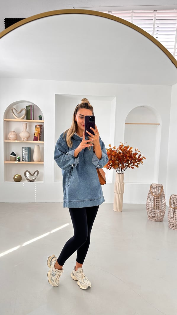 Kapüşonlu Cep Detay Denim Sweatshirt