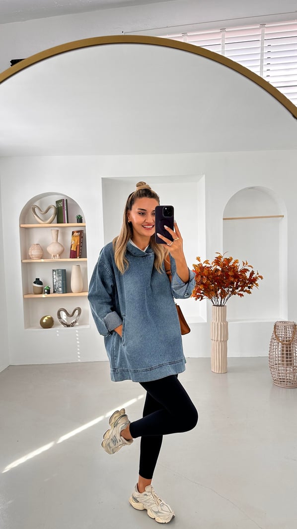 Kapüşonlu Cep Detay Denim Sweatshirt