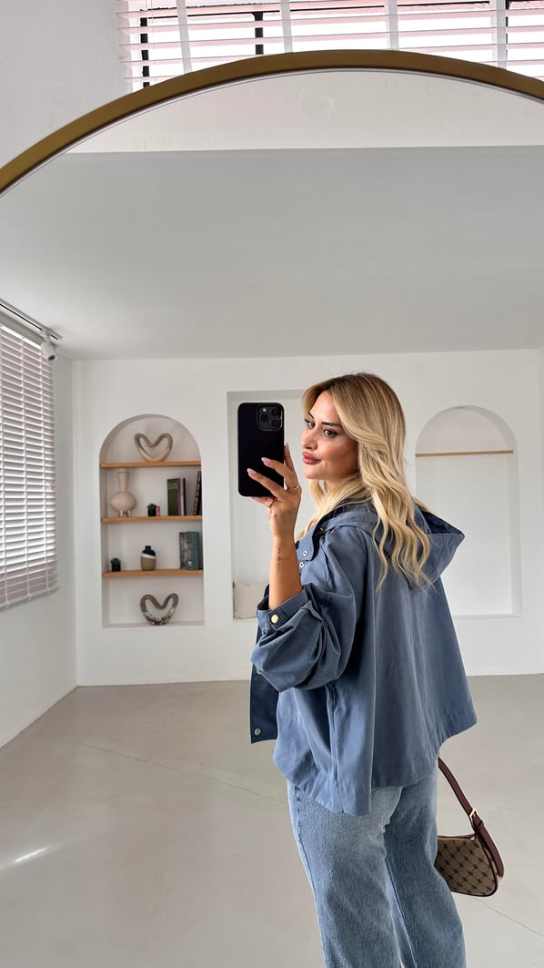 Kapüşonlu Oversize İndigo Trenç