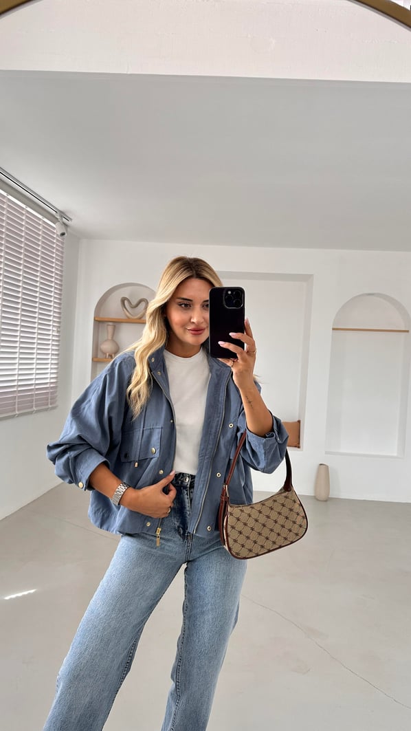 Kapüşonlu Oversize İndigo Trenç