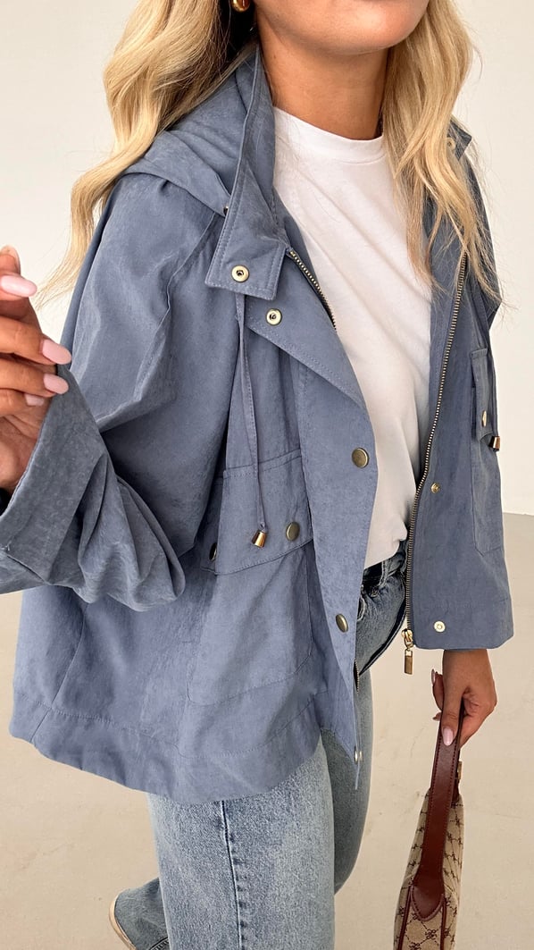 Kapüşonlu Oversize İndigo Trenç