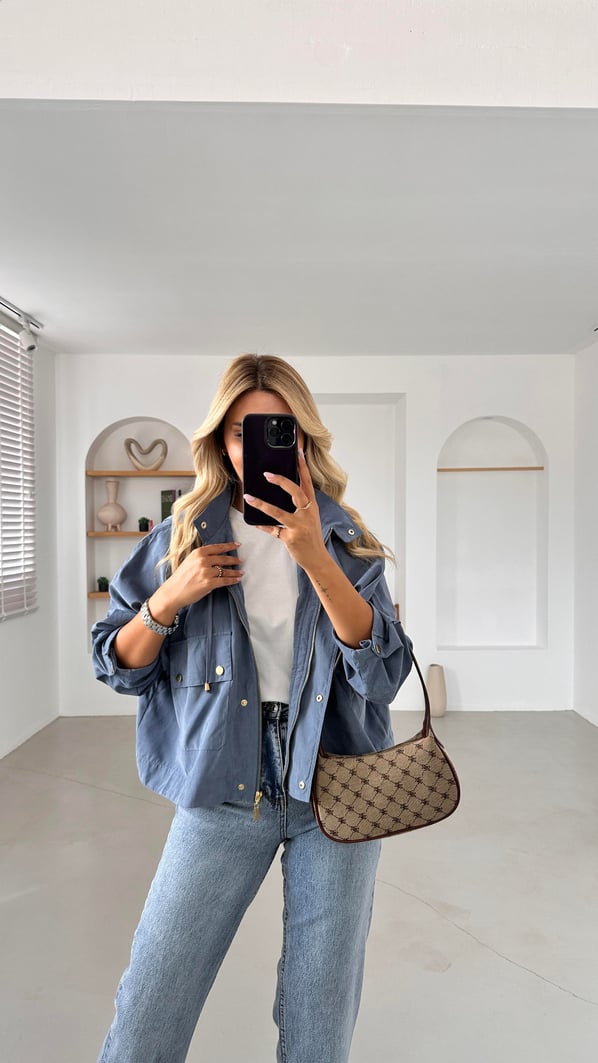Kapüşonlu Oversize İndigo Trenç