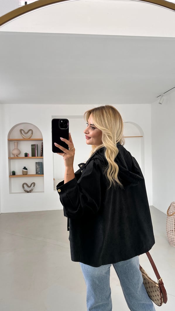 Kapüşonlu Oversize Siyah Trenç