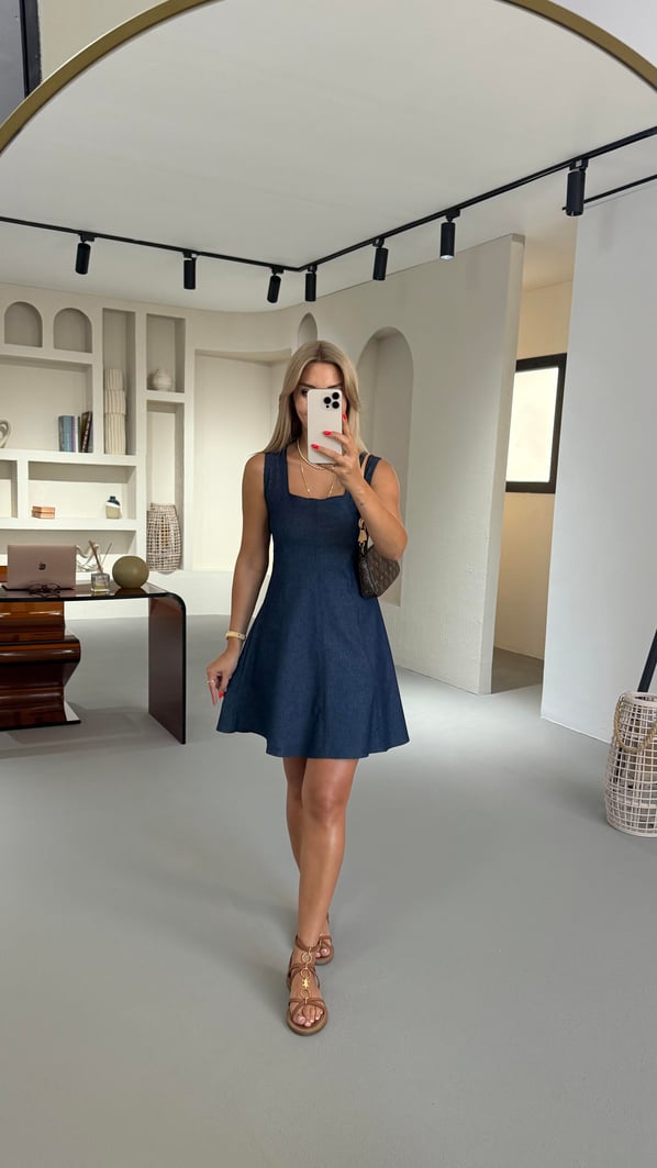 Kare Yaka Lacivert Denim Çan Elbise