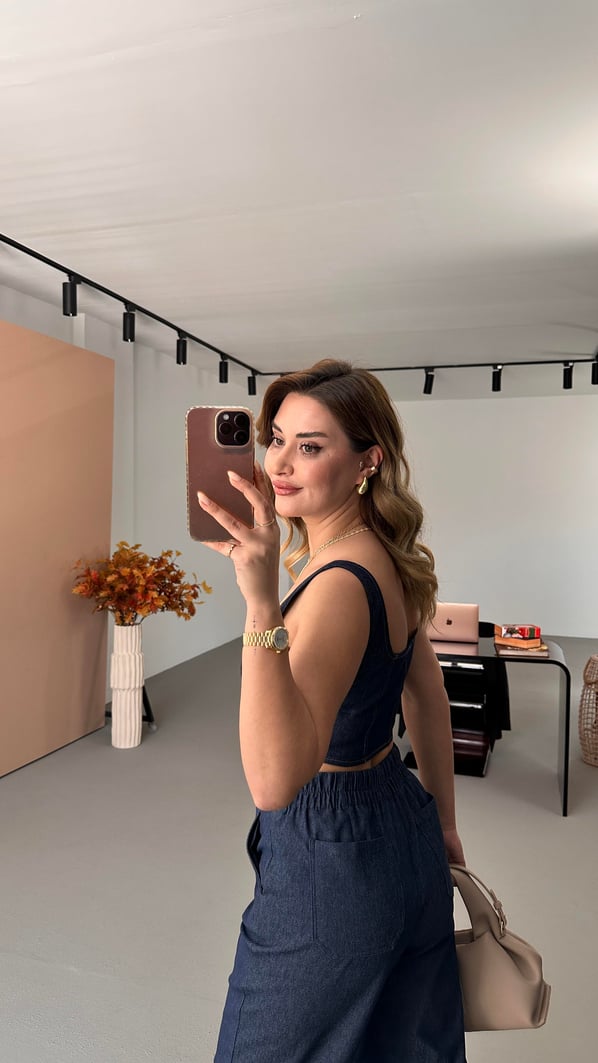 Kare Yaka Likralı Denim Büstiyer