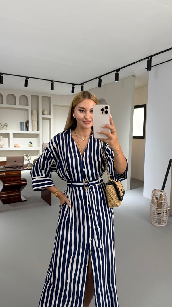 Kemer Detay Lacivert Çizgili Gömlek Elbise