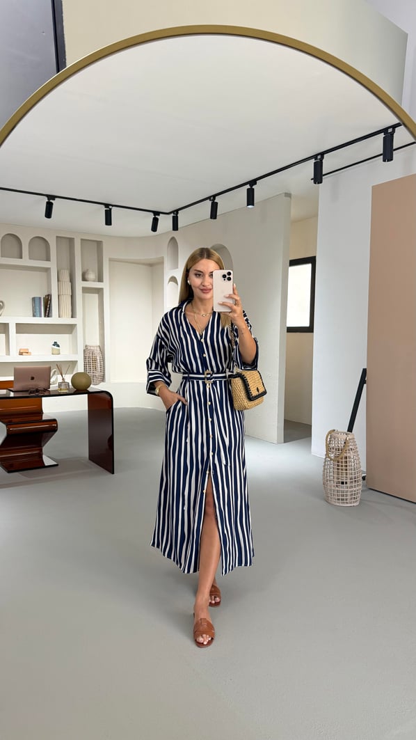 Kemer Detay Lacivert Çizgili Gömlek Elbise