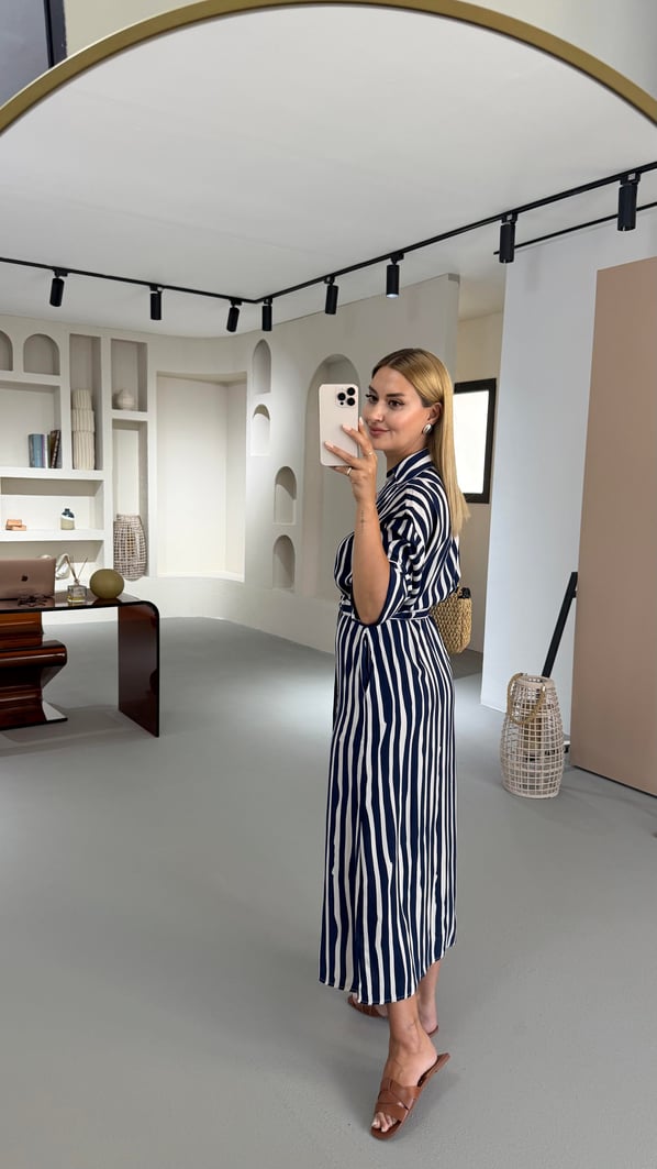 Kemer Detay Lacivert Çizgili Gömlek Elbise