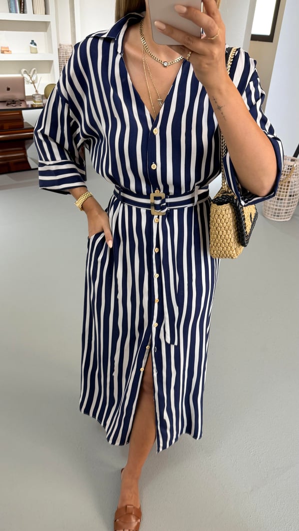 Kemer Detay Lacivert Çizgili Gömlek Elbise