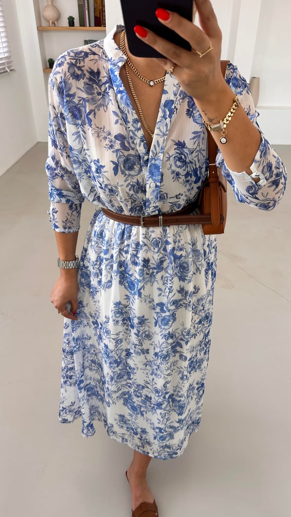 Kemerli Belden Lastikli Mavi Çiçekli Şifon Elbise