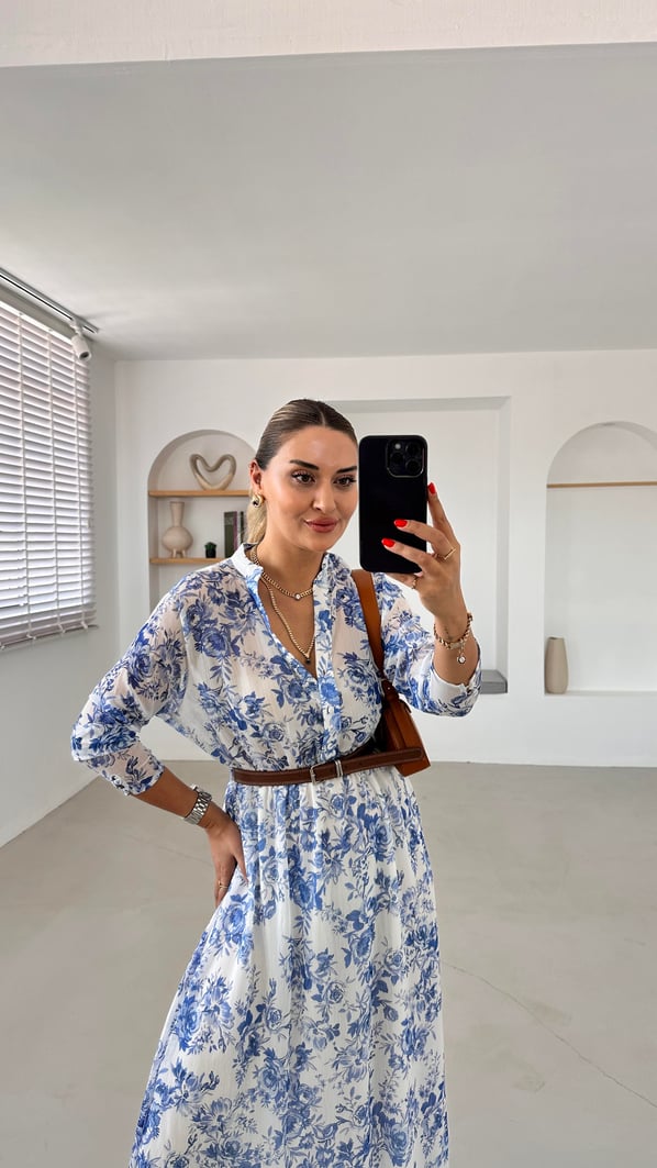 Kemerli Belden Lastikli Mavi Çiçekli Şifon Elbise