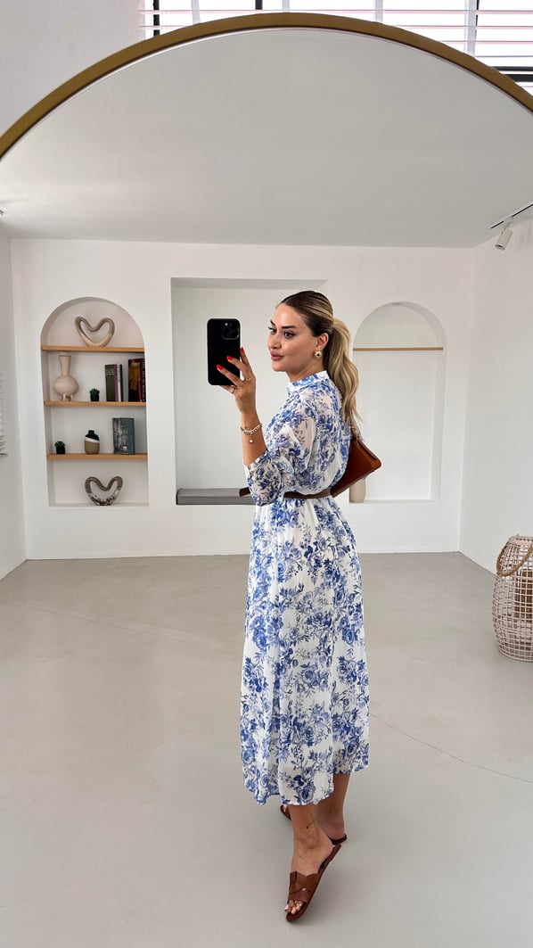 Kemerli Belden Lastikli Mavi Çiçekli Şifon Elbise