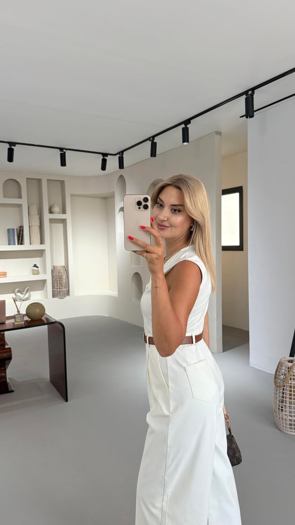Kemerli Düğme Detay Ekru Denim Tulum