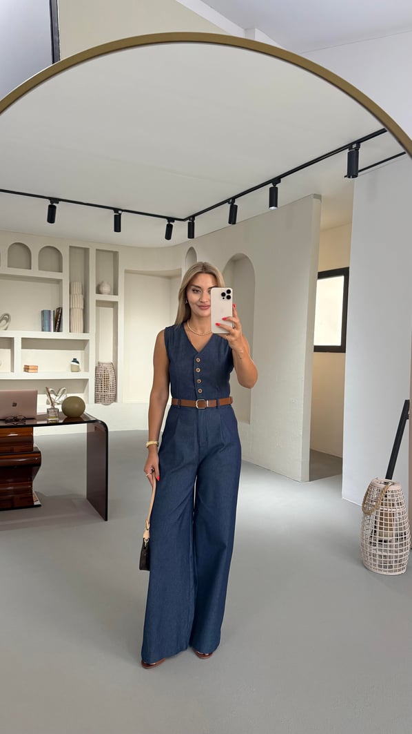 Kemerli Düğme Detay Lacivert Denim Tulum
