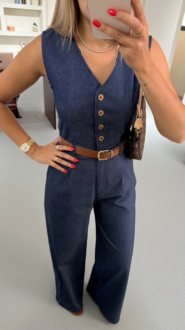 Kemerli Düğme Detay Lacivert Denim Tulum