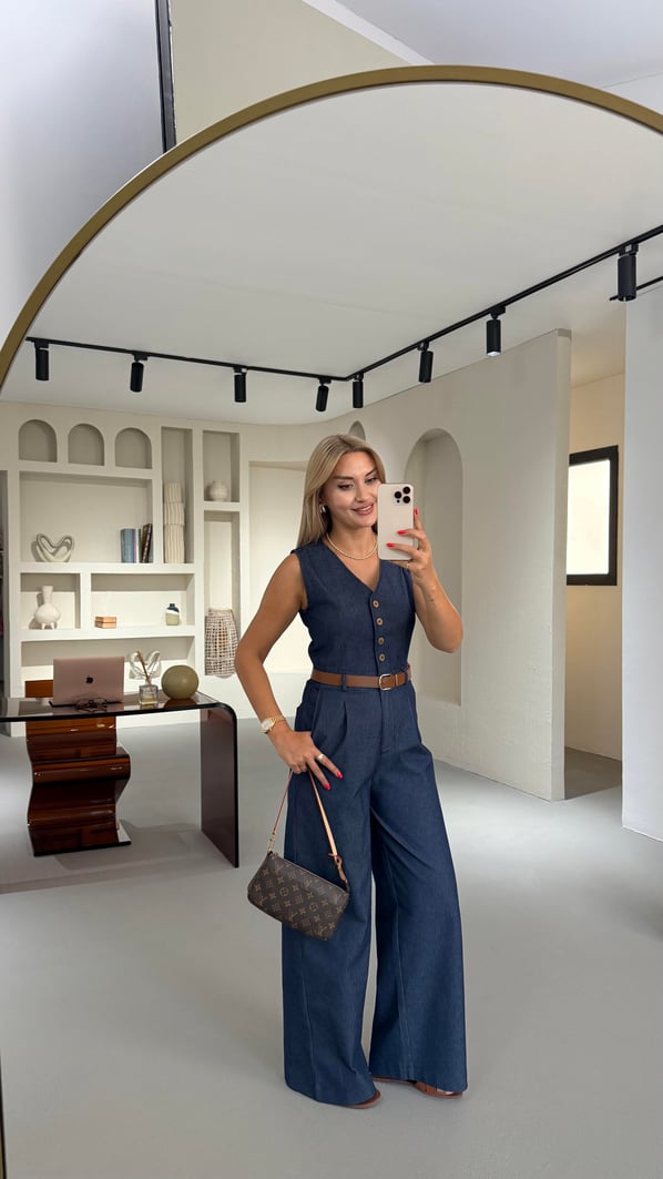 Kemerli Düğme Detay Lacivert Denim Tulum