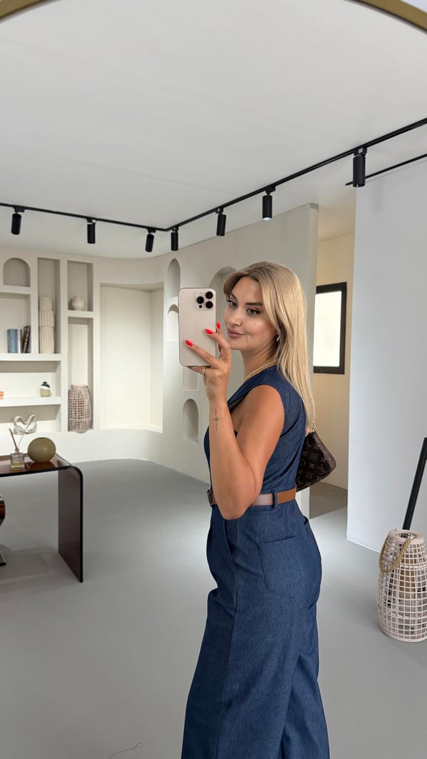 Kemerli Düğme Detay Lacivert Denim Tulum
