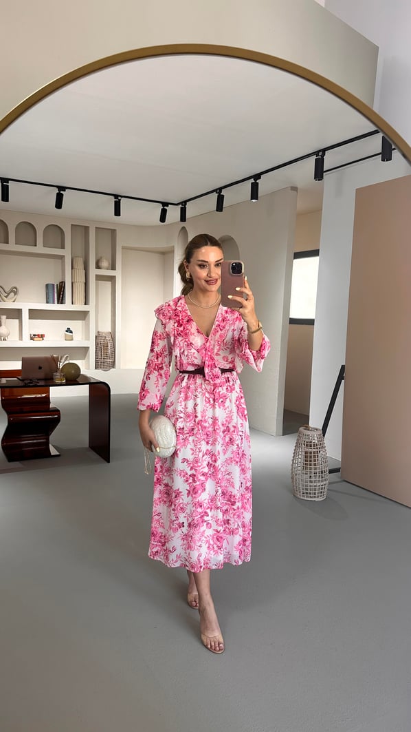 Kemerli Yaka Fırfır Detay Çiçekli Şifon Elbise