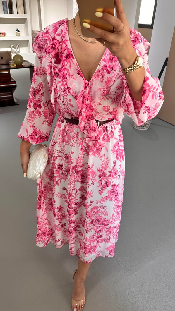 Kemerli Yaka Fırfır Detay Çiçekli Şifon Elbise