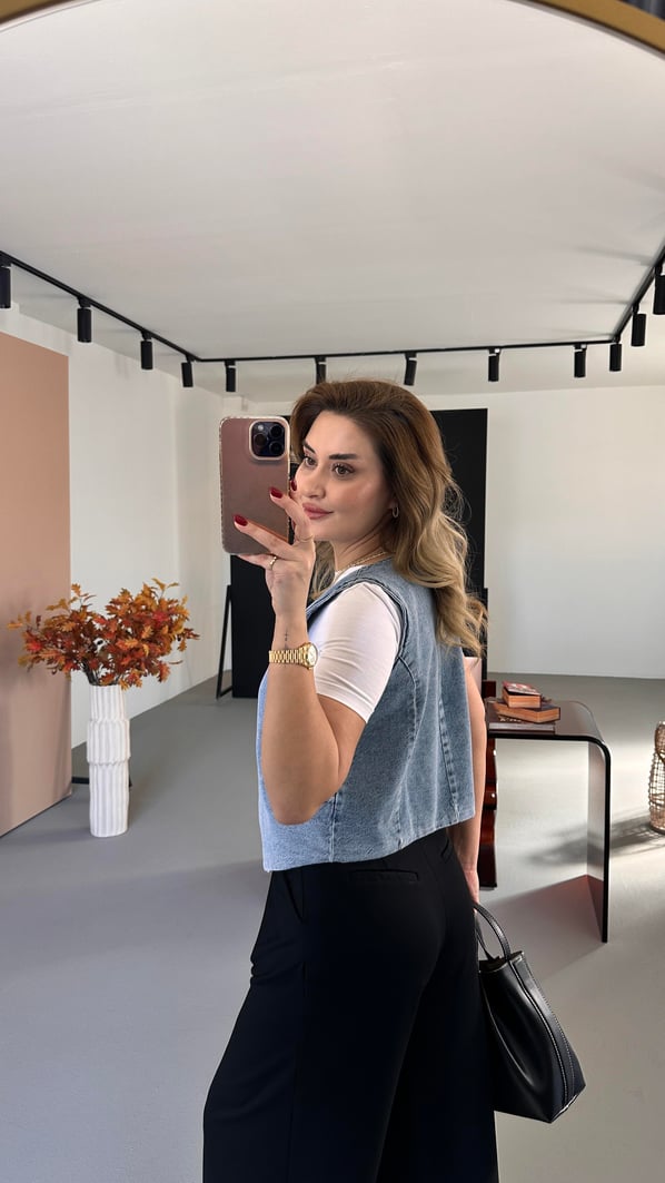 Kemik Düğme Detay Denim Yelek