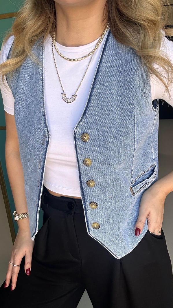 Kemik Düğme Detay Denim Yelek