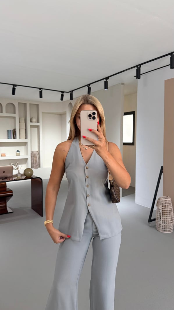 Kemik Düğmeli Sırt Detay Duman Gri Yelek