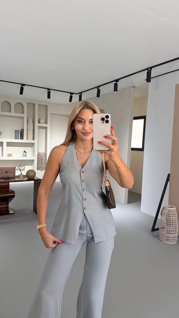 Kemik Düğmeli Sırt Detay Duman Gri Yelek