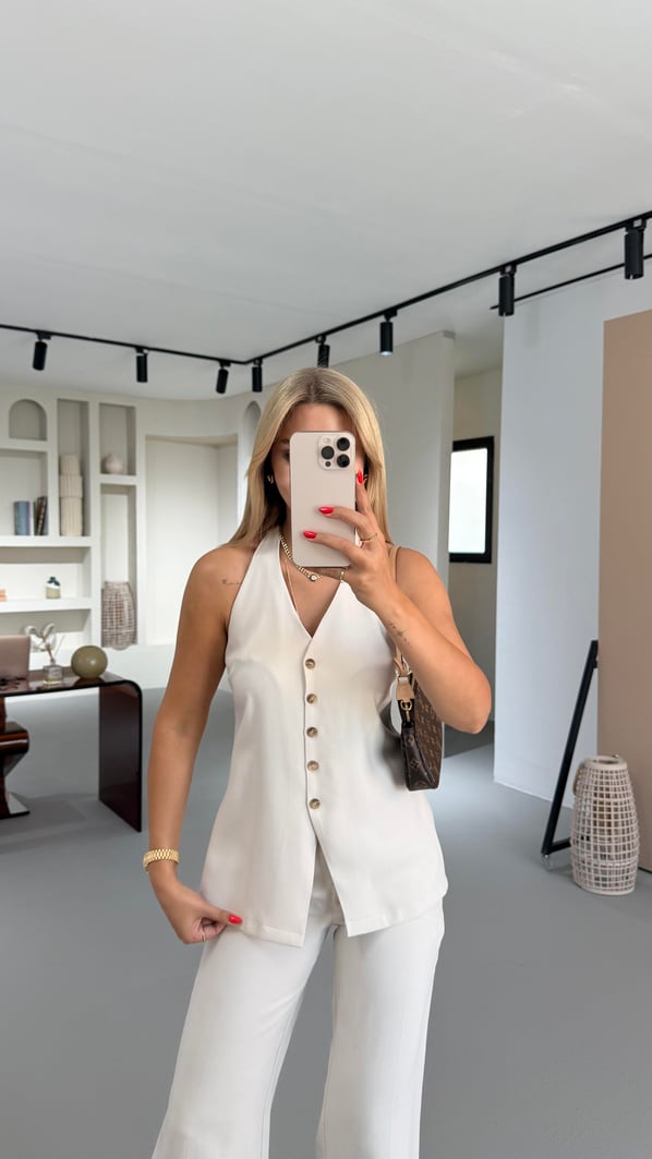 Kemik Düğmeli Sırt Detay Taş Yelek