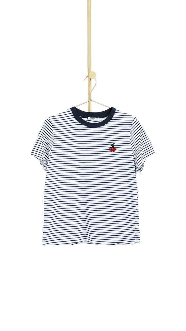 Kiraz Nakış Detay Lacivert Çizgili Tshirt