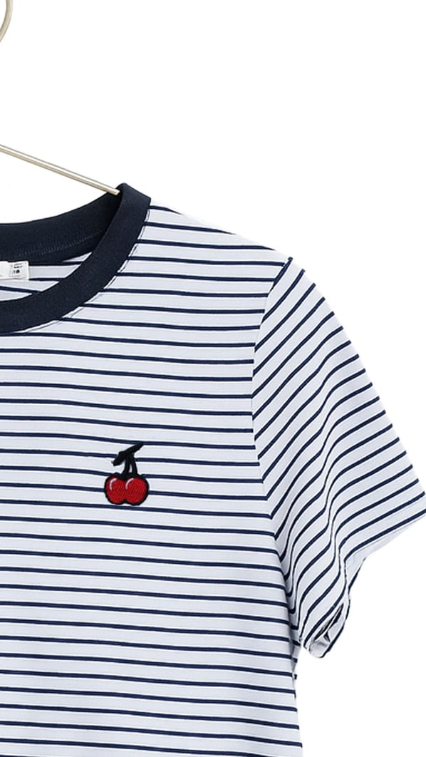 Kiraz Nakış Detay Lacivert Çizgili Tshirt