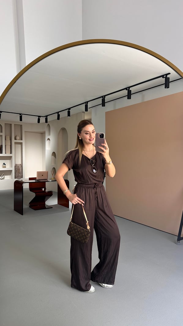 Kırışık Doku Bluz Pantolon Kahve Saten Takım