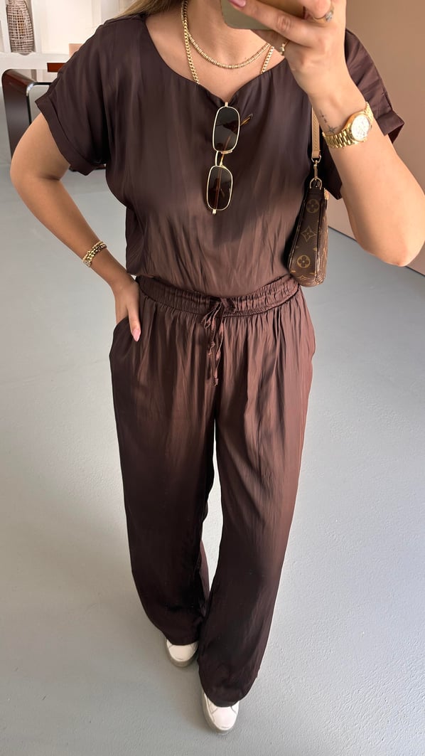 Kırışık Doku Bluz Pantolon Kahve Saten Takım